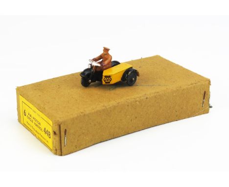Dinky 44b AA Motorcycle Patrol - black motorcycle, yellow sidecar, tan driver, brown gloves - very good with trade pack box (