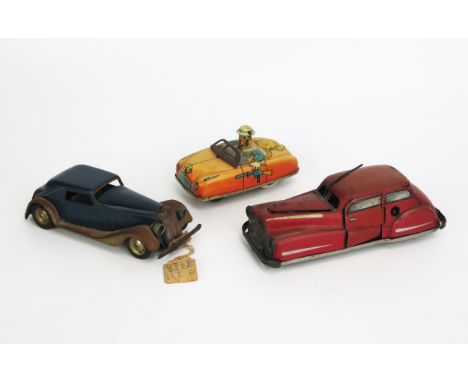 Tinplate Clockwork Car Trio (1) Joustra (France) 2002 1950's Car - red, opening bonnet, and door revealing figure (13cm), (2)