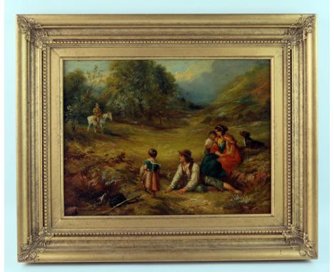 19th century English School, figures in a woodland glade, oil on board, unsigned and undated.23 x 30cm. 