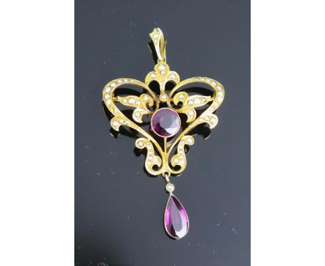 A Large 9ct Gold, Amethyst and untested Pearl Pendant / Brooch, 65mm drop, 6.9g