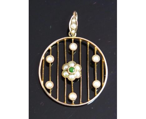 An Antique untested Pearl and Green Stone Pendant in an unmarked gold setting, 32.5mm drop, 2g 