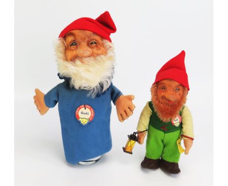 Steiff Gnome Pair - (1) Lucki 718/2 with chest tag, arm band and yellow tag, (2) Gucki hand puppet with chest tag - rubber fa
