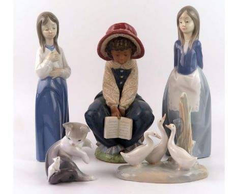 Five assorted LLadro and Nao porcelain figurines, includes seated girl in a bonnet, cat and mouse, geese etc. 