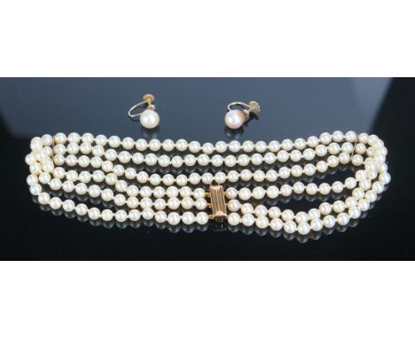 A Modern Three Strand Matched untested Pearl Choker with a 9ct gold clasp, 13.5" (34cm), 5mm pearls, 37.4g and a pair of 9ct 