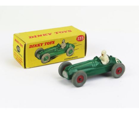 Dinky 233 Cooper Bristol Racing Car - green, white driver and RN "6", red plastic hubs, grey M tyres, gloss black base with "