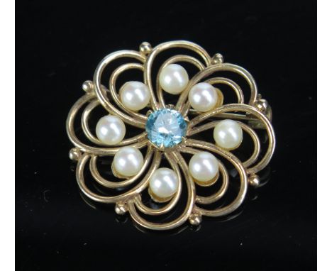 A 9ct Gold and Blue Spinel? or Zircon? and untested Pearl Brooch, 30mm diam., 5.1g 