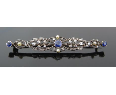 An Antique Ceylon? Sapphire, untested Pearl and Diamond Bar Brooch, millegrain set in an unmarked precious yellow and white m