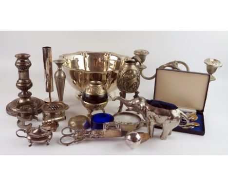 A quantity of silver plated and metal wares, includes, punch bowl, candelabra, candlestick etc. 