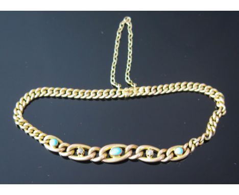 An Antique 9ct Gold, Turquoise and Old Cut Diamond Bracelet with safety chain, c. c. 7" (18cm), 