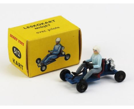 French Dinky 512 Leskokart Midjet Kart - blue, black plastic wheels, red seat, driver with pale blue jacket - very near mint 