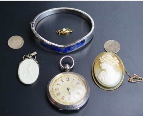 A 9ct Gold and untested Pearl Clasp (.7g), silver and lapis lazuli hinged bangle, Wedgwood pendant, silver cased fob watch, e