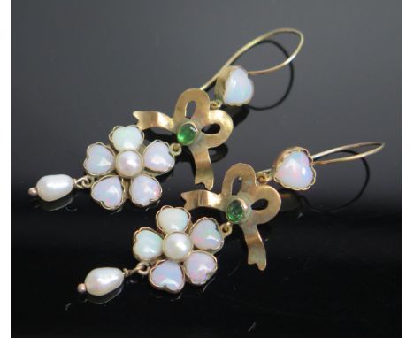 A Pair of 9ct Gold, Opal, untested Pearl and Cabochon Emerald? Pendant Earrings, c. 55mm, 3.4g 