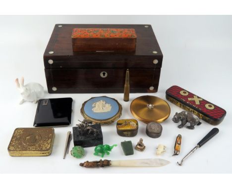 A Victorian rosewood and mother-of-pearl inlaid box containing assorted collectables including jasperware compact, Royal Cope