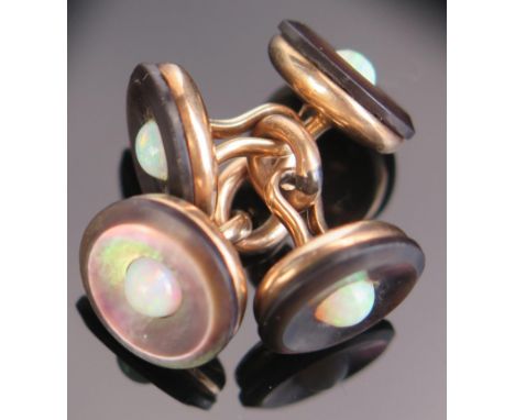 A Pair of Unmarked Gold, Opal and Mother of Pearl Cufflinks, 13mm heads, 9.5g 