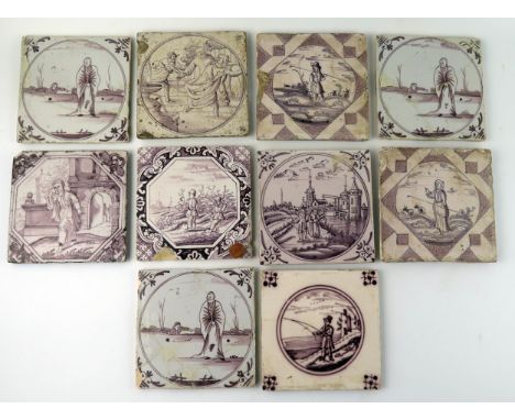 Ten Dutch Delft and other manganese tiles depicting topographical views, figures, and chinoiserie decoration. 
