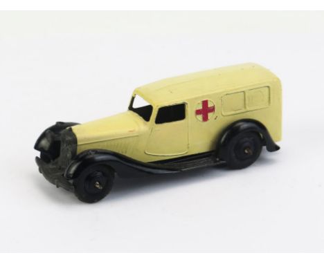Dinky 30f Ambulance (type 5 chassis) - cream body, red cross, black chassis and ridged hubs, filled in rear windows - excelle