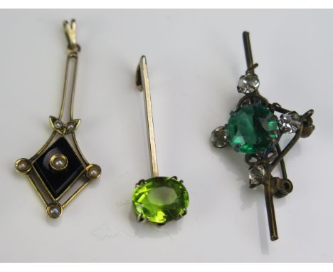 A 10K Gold, Onyx and untested Seed Pearl Pendant (42mm drop, 1.7g), one other pendant set with green paste in a yellow metal 