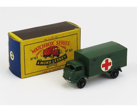 Matchbox Moko 63a Army Ambulance (Ford 3 Ton 4x4) - Stannard Code 1, olive green body and base, silver trim, red cross decal,