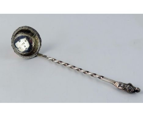 A Victorian Scottish silver toddy ladle, maker Mackay &amp; Chisholm, Edinburgh, 1853, with spiral twist stem and apostle ter