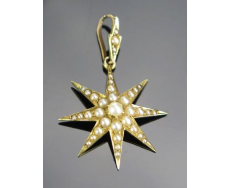 An Antique Unmarked Gold and untested Pearl Star Pendant, 31mm drop, 1.7g 