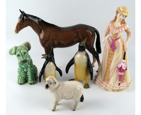 A Beswick stallion, with gloss finish, Beswick sheep model No 935, a Doulton figurine, HN5321 Spring, two penguins and a dog.