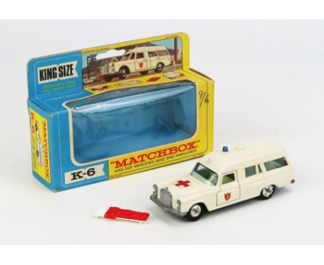 Matchbox King Size K6 Mercedes Benz Binz Ambulance - cream, blue tinted windows and roof light, cream interior, stretcher, re