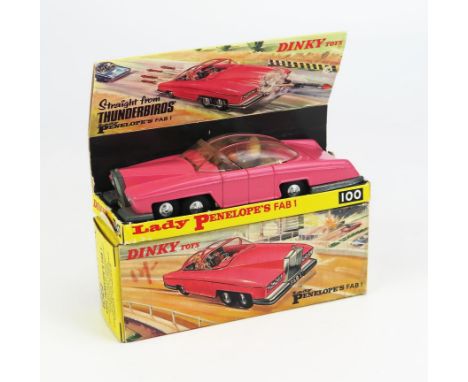 Dinky 100 Lady Penelope's Fab 1 - pink, clear sliding roof with pink stripes (early issue), Lady Penelope and Parker figures,