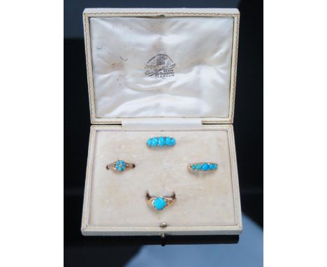 A Suite of Four Antique Turquoise Rings in unmarked high carat gold settings _ five stone with rose cuts size J.75 3.5g, five