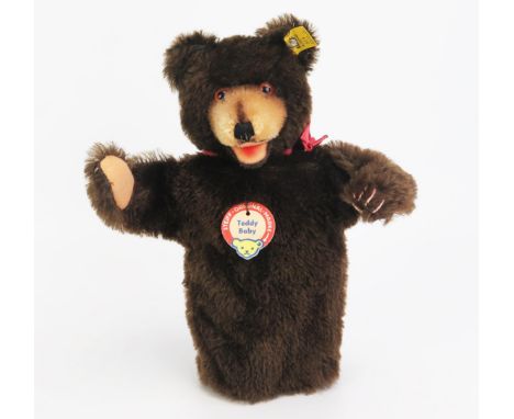 Steiff Vintage Teddy Baby 317 Hand Puppet - dark brown, light brown nose and paws, dark pink ribbon, glass eyes, complete wit