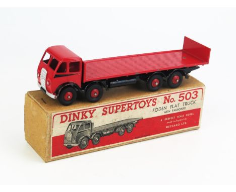 Dinky 503 Foden Flat Truck with Tailboard - red cab, back and ridged hubs, black flash and chassis, mixed tyres "20" decal to