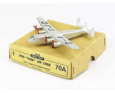 Dinky 70a Avro "York" Air Liner - silver, "G-AGJC" in black, red propellers, blue wash cockpit - near mint in very good+ yell