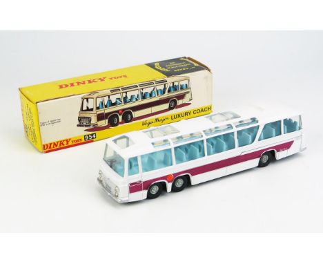 Dinky 954 Vega Major Luxury Coach - white, metallic purple flash, blue interior, later cast hubs, black base - near mint+ in 