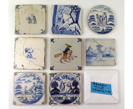 Ten various Dutch Delft tiles depicting assorted figures including mounted cavalier, cherubs and men playing games. 