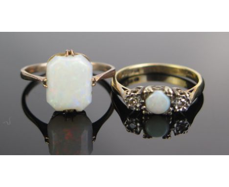 A 9ct Gold, Diamond and Opal Ring (sizeK.5, 2.2g) and 9ct gold and opal single stone ring, (size O, 1.7g) 