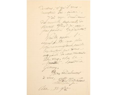 CÉZANNE (PAUL)Autograph letter signed ('Paul Cézanne'), to Octave Mirbeau ('Cher Maître'), in French, mentioning he has recei