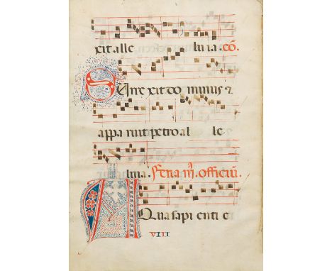 ILLUMINATED MANUSCRIPT[GRADUAL] Proprium de tempore,  on vellum, in Latin, 215 leaves (only), 10 lines of alternate text and 