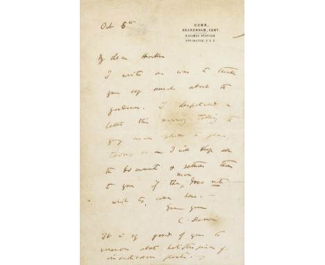 DARWIN (CHARLES)Autograph letter signed ('C. Darwin') to Joseph Dalton Hooker ('My dear Hooker'), thanking him for recommendi