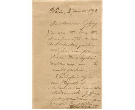 CÉZANNE (PAUL)Autograph letter signed ('Paul Cézanne'), to Gustave Geffroy ('Cher Monseiur Geffroy'), in French, confirming h