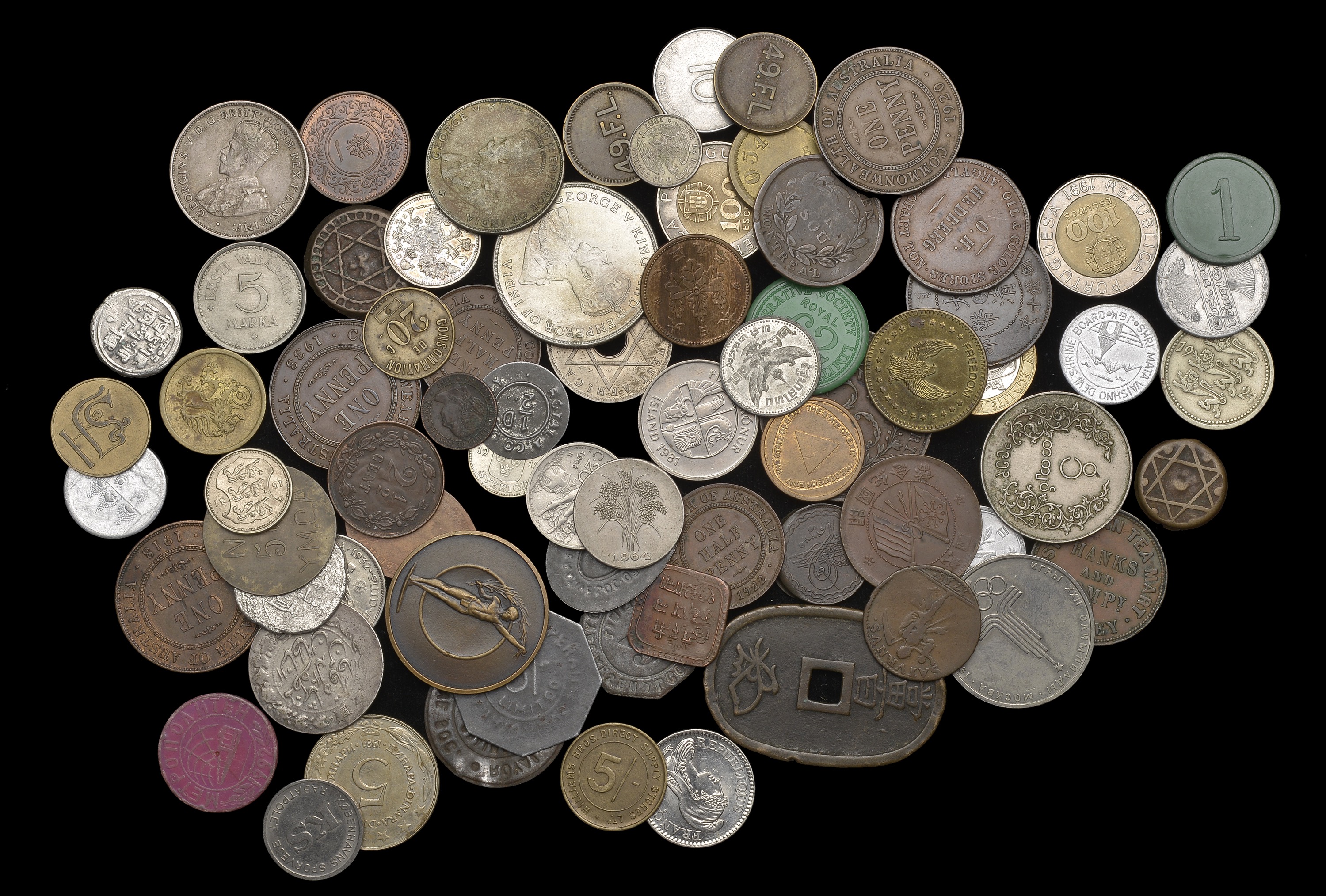 WORLD COINS, World coins and tokens, in silver (9), base metal (65