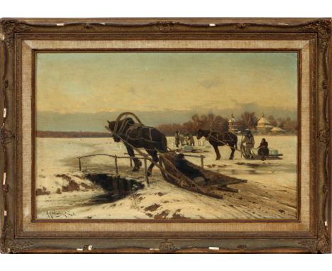 KONSTANTIN YAKOVLEVICH KRYZHITSKY (UKRAINIAN, 1858-1911), OIL ON CANVAS, 1886, H 17", W 27", "ICE CUTTING"A man lying on a ho