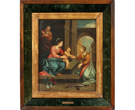 OLD MASTER OIL ON WOOD PANEL H 13" W 10 1/4" "BOLOGNESER MEISTER"Depicting Mary, the Christ child blessing a female martyr ho