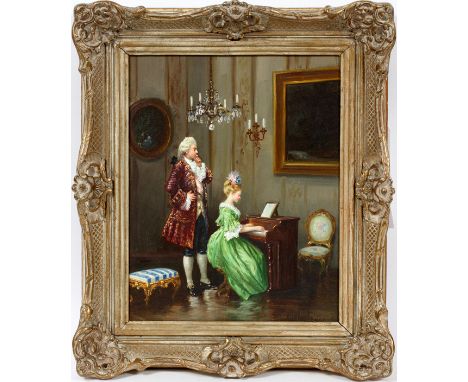 MIGUEL MONTAUER, EUROPEAN OIL ON CANVAS, 20TH C., H 11", W 9", LADY PLAYING THE PIANOSigned lower right and framed.- For High