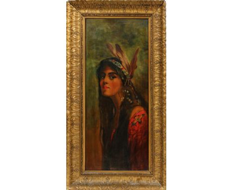 OIL ON CANVAS, CIRCA EARLY 20TH C., 32" X 13 1/2", PORTRAIT OF INDIAN MAIDENThe unsigned oil on canvas depicts a young Native