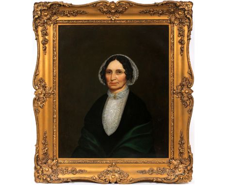 OIL ON CANVAS, H 30", L 25" PORTRAIT OF A WOMANAn unsigned portrait of a seated woman, in Victorian attire, wearing glasses. 