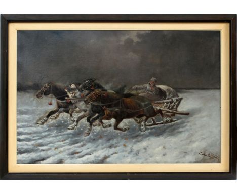 ADOLF (CONSTANTIN) BAUMGARTNER-STOILOFF (AUSTRIAN, 1850-1924), OIL ON CANVAS, H 27", W 42", "TROIKA" IN THE SNOWSigned lower 