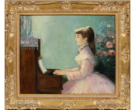 MARION RICE, OIL ON CANVAS, H 20", L 24", THE PIANISTMarion Rice [American, 20th C.].  Depicting a young woman playing he pia