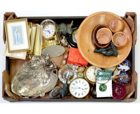 TWO BRASS DRUM CASED TIMEPIECES, AN ANEROID BAROMETER, BRASS TRINKET BOX, THE LID ENAMELLED WITH A BASKET OF FLOWERS, GLASS P