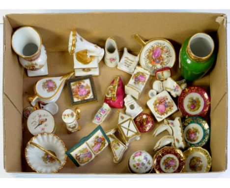 A COLLECTION OF MINIATURE LIMOGES CABINET ARTICLES, TO INCLUDE GRAMOPHONE, BASKET, BOX, BELLOWS, IRON AND DISHES, VARIOUS SIZ