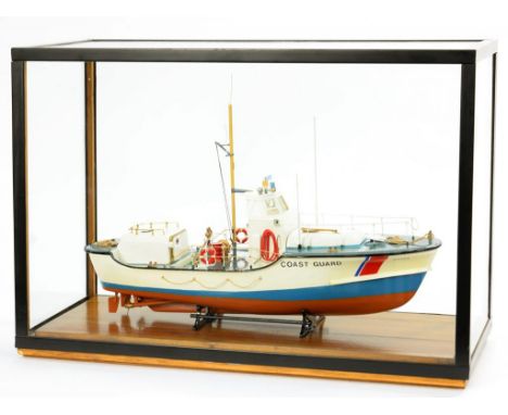 A MODEL BOAT IN A GLASS CASE AND MISCELLANEOUS METAL WARE, ETC INCLUDING AN OIL LAMP 