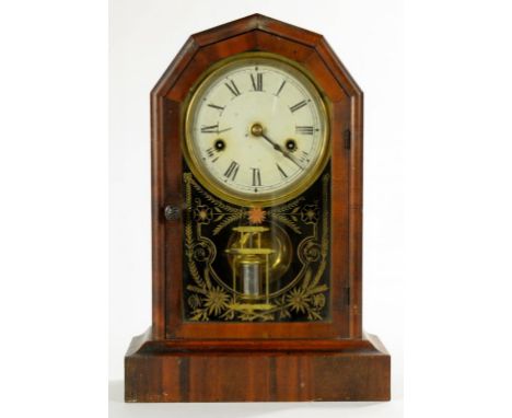 A 19TH C AMERICAN MAHOGANY STAINED WOOD SHELF OR MANTLE CLOCK, 36CM H, FRAGMENTARY PRINTED TRADE LABEL ON BACK 